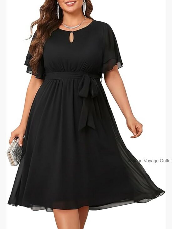 Dresses & Skirts - Plus Size Chiffon Cocktail Dresses - Keyhole Neck Midi Work Occasion
